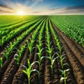 Springtime corn field with green sprouts in soft In a farmed farm green corn seedling sprouts are Agricultural landscape