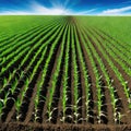 Springtime corn field with green sprouts in soft In a farmed farm green corn seedling sprouts are Agricultural landscape