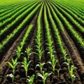 Springtime corn field with green sprouts in soft In a farmed farm green corn seedling sprouts are Agricultural landscape