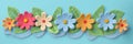 Springtime Crochet Banner with Delicate Flowers on Light Blue Background,, generative AI