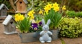 Springtime Decor with Daffodils, Birdhouses, and Plush Bunny in Rustic Garden Setting. Easter decorations