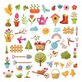 Springtime. Decorative season pictures birds animals flowers branches leaves grass gardening tools recent vector colored