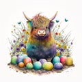 Springtime Delight: Baby Highland Cow Among Easter Eggs and Blooming Flowers AI Generated Royalty Free Stock Photo