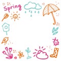 Springtime doodles frame. Vector design elements set with inscription Spring, birdhouse, flower, butterfly, bug, rainy