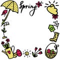 Springtime doodles frame. Vector design elements set with inscription Spring, birdhouse, flower, butterfly, sun, sprout, umbrella