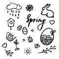 Springtime doodles. Vector design elements set with inscription Spring, birdhouse, flower, bug, rainy cloud, sun, easter eggs in a