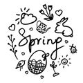 Springtime doodles. Vector design elements set with inscription Spring, flower, bug, cloud, sun, easter eggs in a basket, sprout,