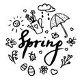 Springtime doodles. Vector design elements set with inscription Spring, flowerpot, flower, bug, rainy cloud, sun, easter