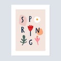Springtime, Easter artistic greeting card, invitation. Spring text with tulip, daisy, crocus flower, leaf and abstract