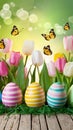 Springtime Easter backdrop tulips, butterflies, and colorful painted eggs