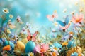 Springtime Easter background with blooming flowers and butterflies