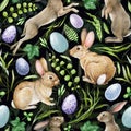 Springtime Easter bunny decor seamless pattern. Watercolor illustration. Hand drawn cute bunnies, painted eggs, green Royalty Free Stock Photo