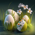 Springtime, Easter composition with eggs and white flowers in grass. AI generative, AI generated illustration Royalty Free Stock Photo