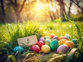 Springtime Easter Egg Hunt Greeting Card Template A Rustic Design for Personalized Spring Holiday Wishes Royalty Free Stock Photo