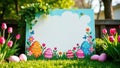 Springtime easter egg hunt sign with blank space for festive message and colorful decor. Generative AI Royalty Free Stock Photo