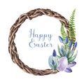Springtime Easter floral wreath. Watercolor hand drawn illustration. Vine twisted wreath with spring flowers, green