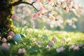 Springtime Easter scene with blooming flowers and budding trees