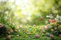 Springtime Easter scene with blooming flowers and lush greenery