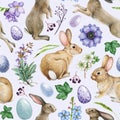 Springtime Easter seamless pattern with bunny and flowers. Watercolor illustration. Hand drawn cute little rabbit