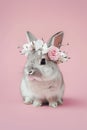 Springtime Elegance: Cute Bunny in Flower Wreath on Pink Background Royalty Free Stock Photo