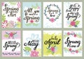 Springtime floral greeting card vector set with spring quotes