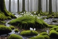 Springtime in forest Moss and snowdrops Royalty Free Stock Photo