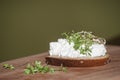 Closeup of sandwich with germinated seeds of garden cress and curd