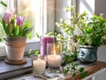 Springtime home decor, spring interior decorations with flowers and burning candles, bright white apartment in daylight