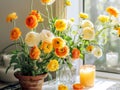 Springtime home decor, spring interior decorations with flowers and burning candles, bright white apartment in daylight