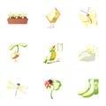 Springtime icons set, cartoon style