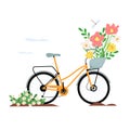 Springtime illustration bicycle with early spring flowers. Floral design elements for mother's day. Vector