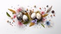 Easter Delight: Birds-eye View of Quail Eggs and Spring Florals on Clean White Surface with Text Space - C5D