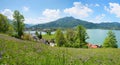 Springtime landscape, beautiful flower meadow and view to lake Tegernsee, Leeberg hill, bavarian alps Royalty Free Stock Photo