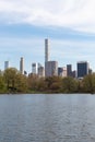 Springtime Midtown Manhattan Skyline seen from the Lake at Central Park in New York City Royalty Free Stock Photo