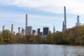 Springtime Midtown Manhattan Skyline seen from the Lake at Central Park in New York City Royalty Free Stock Photo