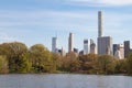 Springtime Midtown Manhattan Skyline seen from the Lake at Central Park in New York City Royalty Free Stock Photo