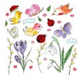 Springtime outlined hand drawn simpe childlike doodles set watercolor. Cute cartoon hand drawn doodle illustration.