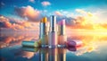 Springtime Pastel Lip Balm Gift Set A Sky Cloud Reflection Mockup Featuring Forced Perspective for a Colorful Elegant Royalty Free Stock Photo