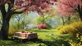 springtime picnic surrounded by blossoming trees and colorful flowers