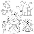 Springtime princess fairy tale illustration set. Vector black and white coloring page