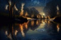 Springtime reflections on the river at night Royalty Free Stock Photo