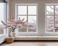 Springtime with sakura flowers in a modern Minimalist home with big window. Generative AI Royalty Free Stock Photo