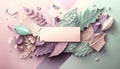Shopping sales banner in violet, pink, lilac, green mint colors. Leaves and rectangle in center with place for text. Generative AI
