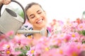 Springtime, smiling woman in garden watering daisies