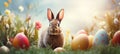 Springtime Spectacle: Adorable Bunny in a Scenic Wonderland of Colorful Easter Eggs. Generative AI