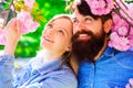 Springtime. Spring sakura bloom. Happy couple in spring garden. Tourist family walk in park. Royalty Free Stock Photo