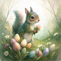 Springtime Squirrel Among Easter Eggs and Blossoms Royalty Free Stock Photo