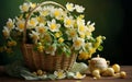 A Springtime Still Life: Delicate White Flowers in a Wicker Basket Royalty Free Stock Photo