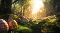 During springtime, a sun-dappled forest hosts a mystical Easter egg hunt, where elaborately adorned eggs with gold Royalty Free Stock Photo