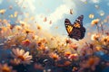 Springtime symphony Colorful flowers and butterfly dance in natures embrace